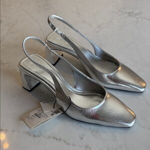 Zara Silver Slingback Block Heel Pumps